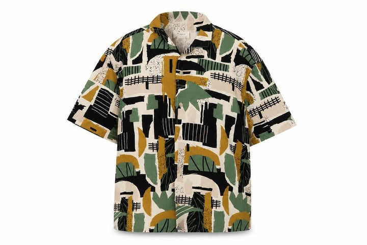 Pull&Bear Men's Multicoloured Geometric Short Sleeve Viscose Shirt L