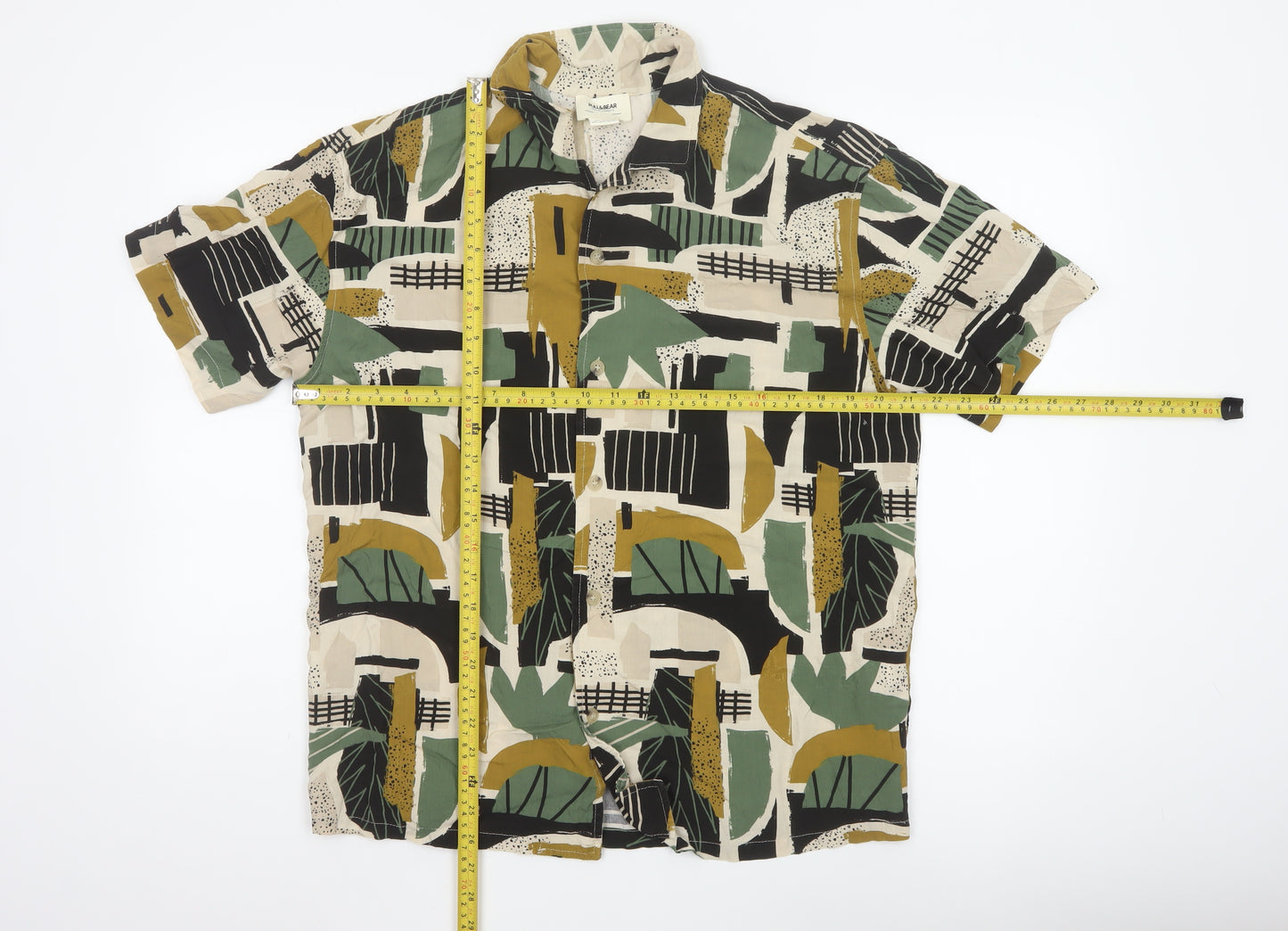 Pull & Bear Men's Multicoloured Geometric Short Sleeve Viscose Shirt L