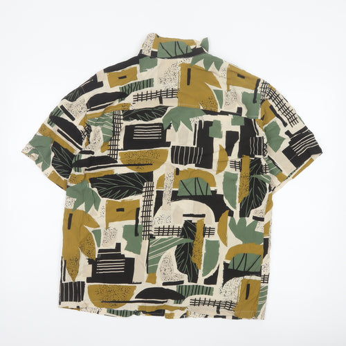 Pull & Bear Men's Multicoloured Geometric Short Sleeve Viscose Shirt L