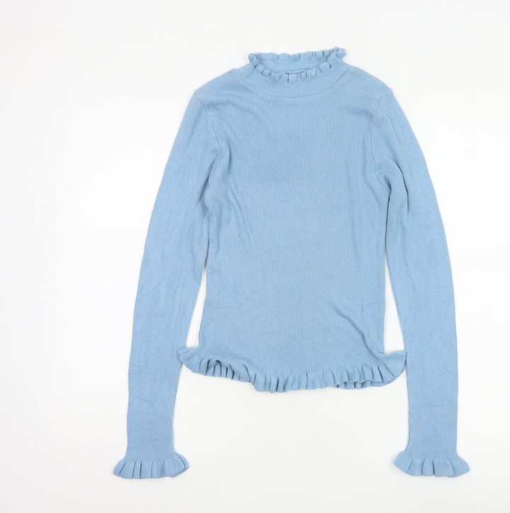 ASOS DESIGN Women's Blue Mock Neck Ruffle Slim Fit Jumper Size 10