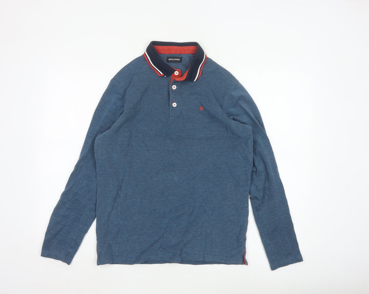 Jack & Jones Men Blue Long Sleeve Cotton Polo Shirt Size L