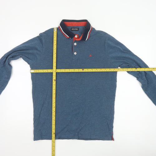 Jack & Jones Men Blue Long Sleeve Cotton Polo Shirt Size L