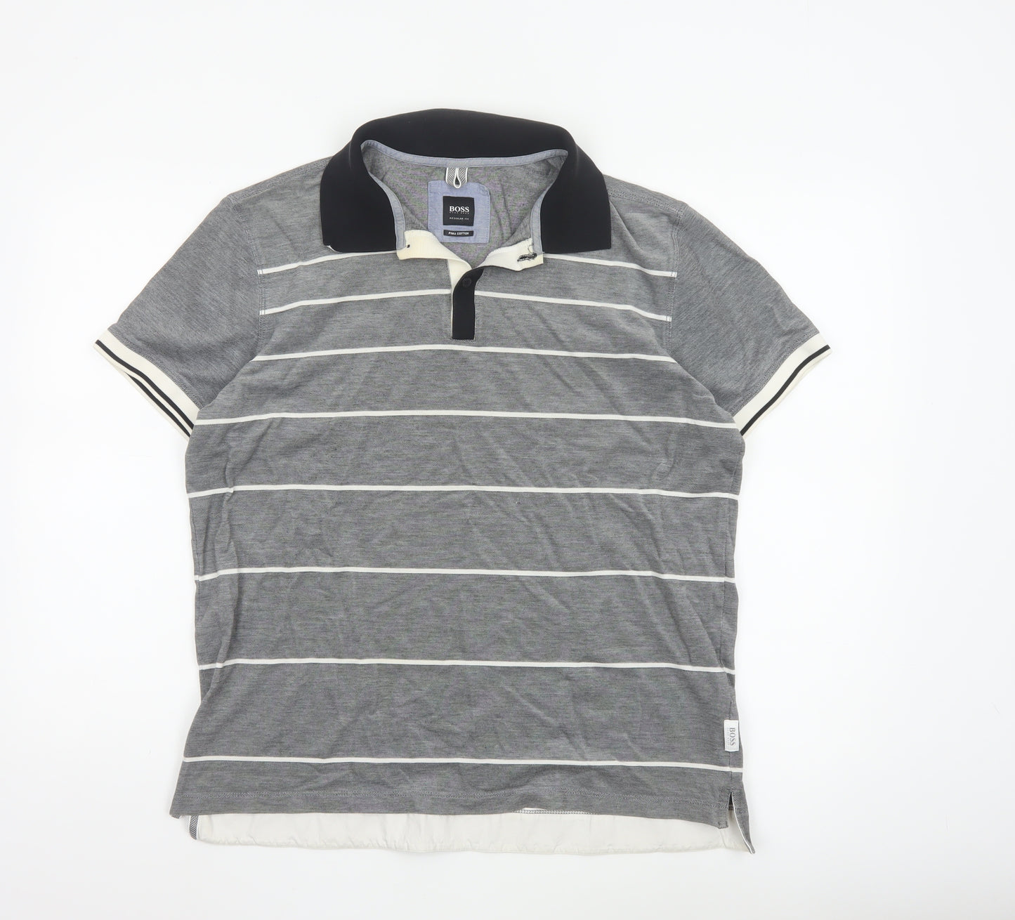 Hugo Boss Men's Grey Striped Regular Fit Pima Cotton Polo Shirt XL