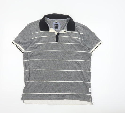 Hugo Boss Men's Grey Striped Regular Fit Pima Cotton Polo Shirt XL