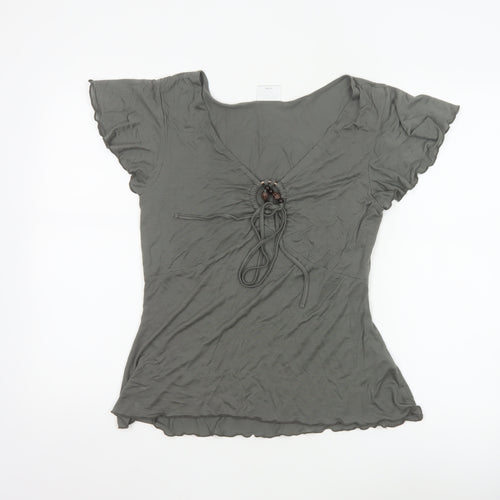 Next Women Grey V-Neck Beaded Tie Tunic Blouse Size 14