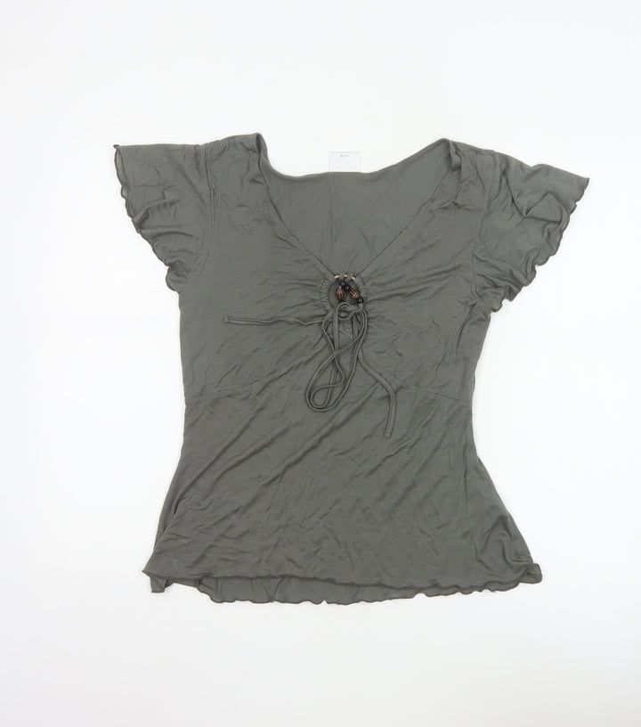 Next Women Grey V-Neck Beaded Tie Tunic Blouse Size 14