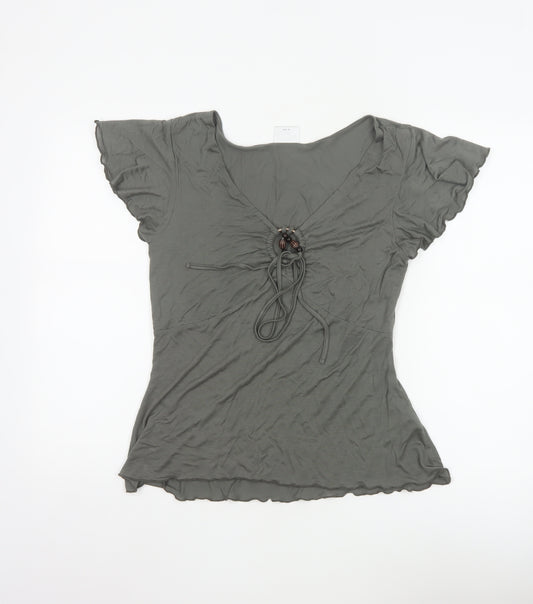 Next Women Grey V-Neck Beaded Tie Tunic Blouse Size 14