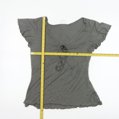 Next Women Grey V-Neck Beaded Tie Tunic Blouse Size 14