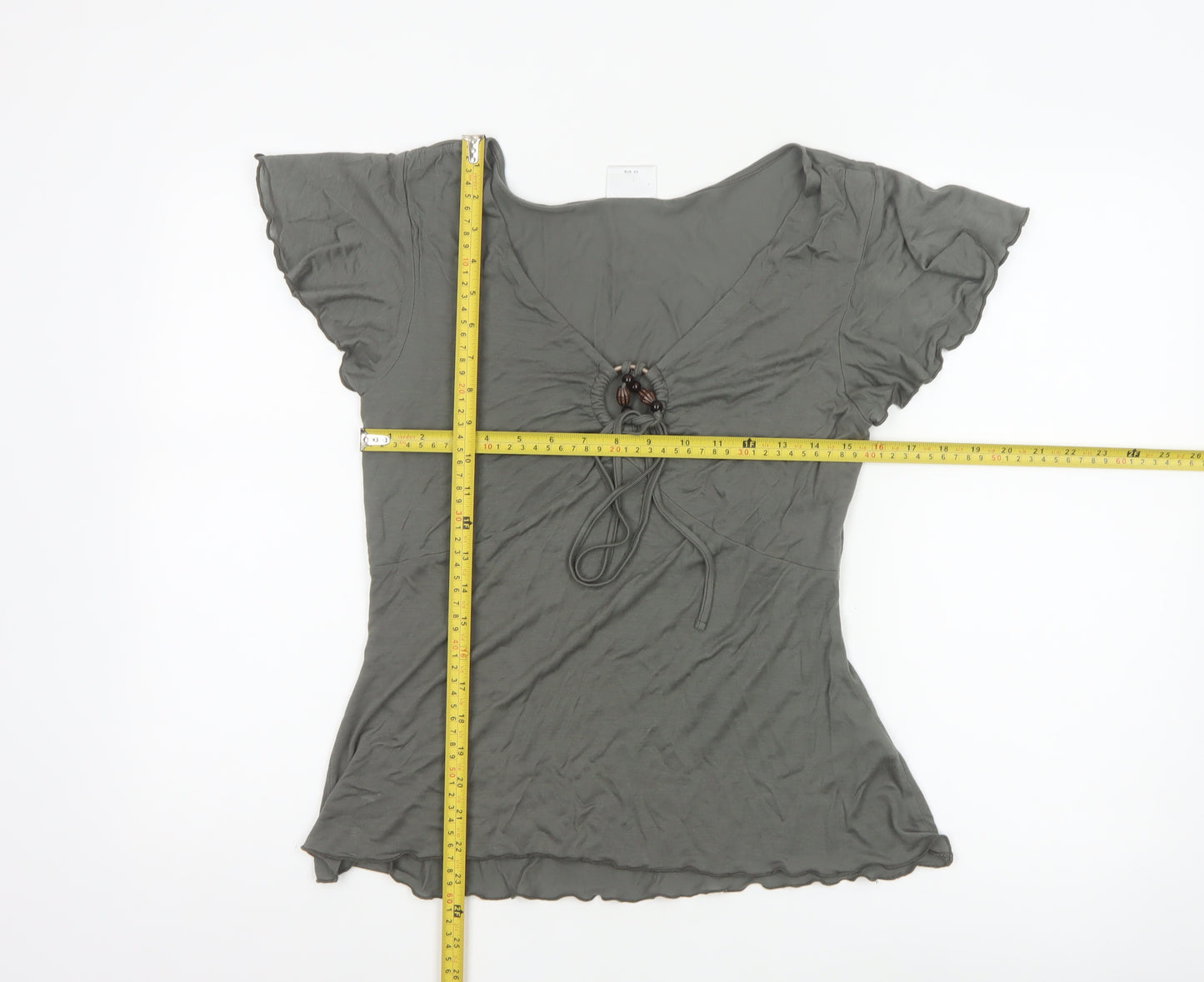 Next Women Grey V-Neck Beaded Tie Tunic Blouse Size 14