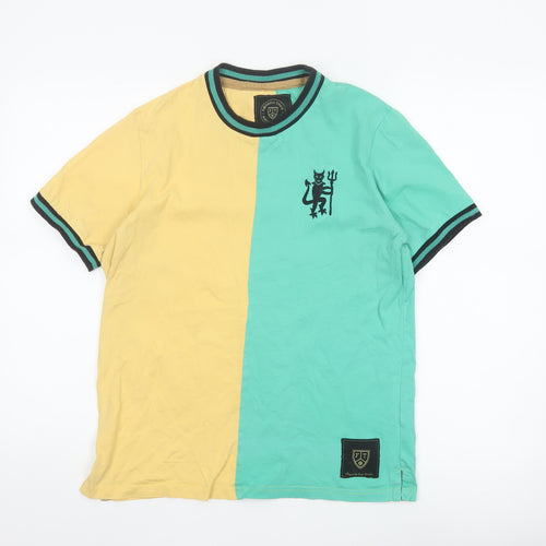Football Town Men's Yellow Green Colourblock Cotton T-Shirt M