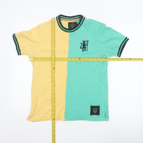 Football Town Men's Yellow Green Colourblock Cotton T-Shirt M