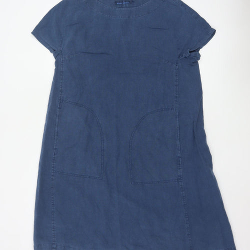 Seasalt Cornwall Women Blue Linen Shift Dress Size 14 Short Sleeve