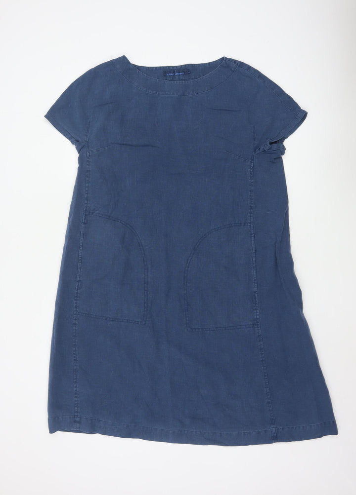 Seasalt Cornwall Women Blue Linen Shift Dress Size 14 Short Sleeve