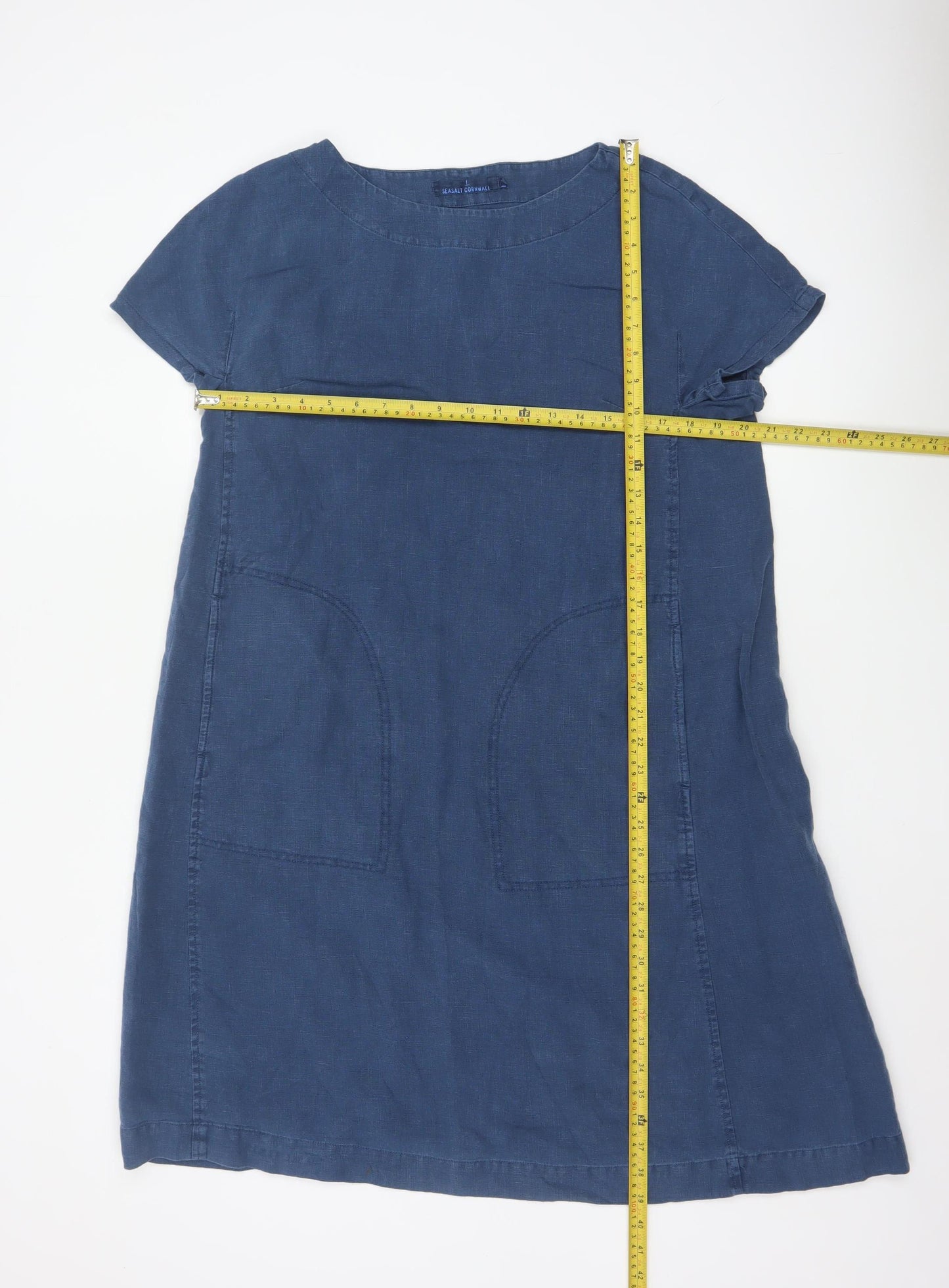 Seasalt Cornwall Women Blue Linen Shift Dress Size 14 Short Sleeve