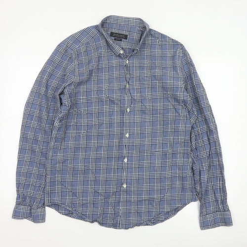 Zara Man Blue Check Slim Fit Button-Up Shirt Men’s XL Long Sleeve