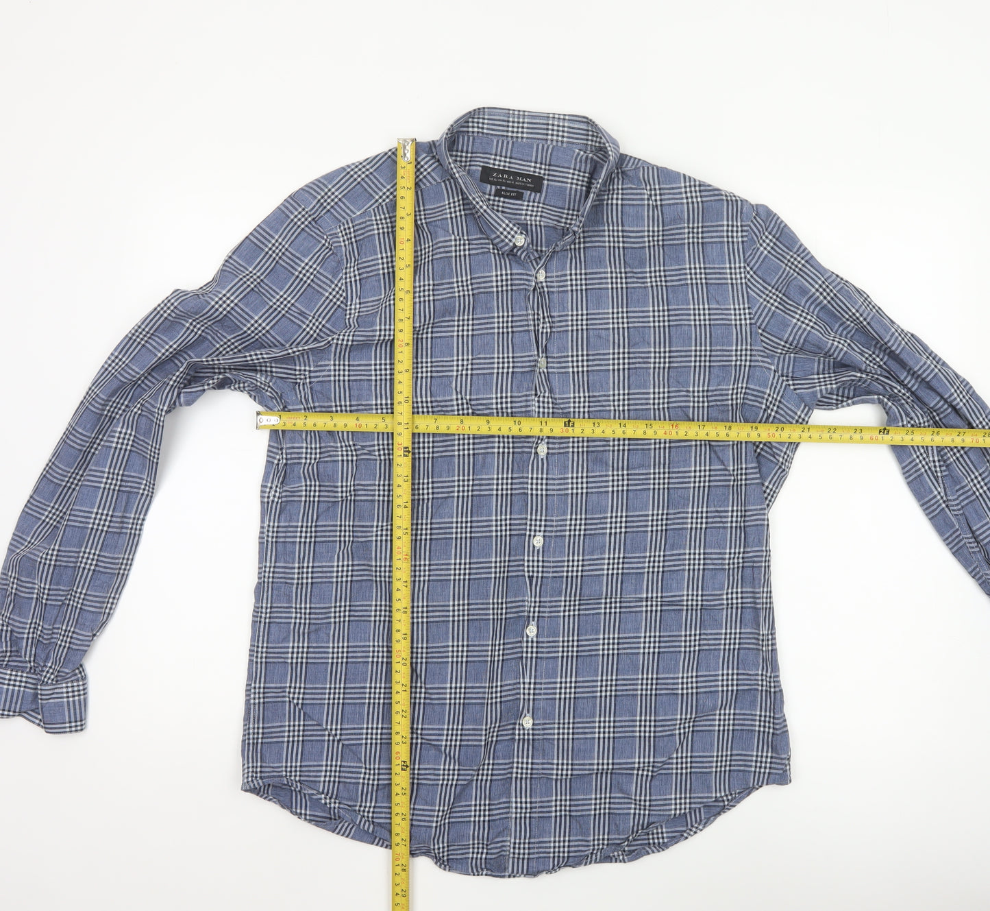 Zara Man Blue Check Slim Fit Button-Up Shirt Men’s XL Long Sleeve