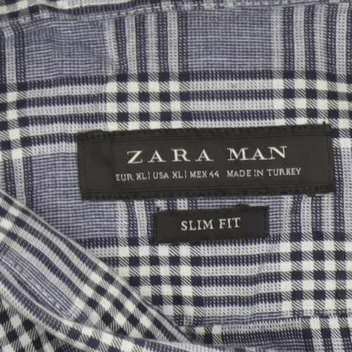 Zara Man Blue Check Slim Fit Button-Up Shirt Men’s XL Long Sleeve