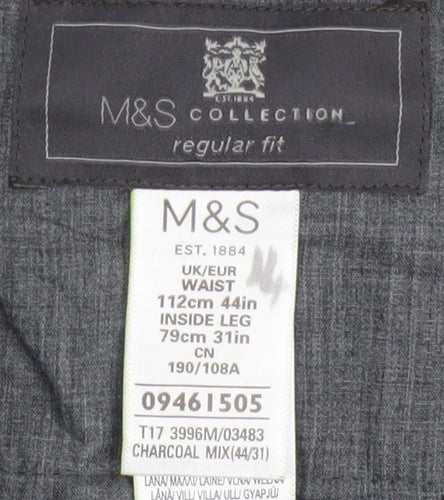 Marks and Spencer Men's Grey Wool Blend Regular Fit Trousers 44W 31L