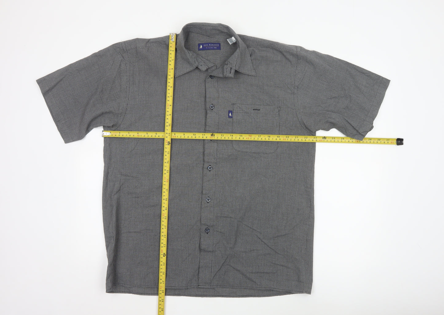Bar Harbour by Double Two Men's Grey Check Short Sleeve Button-Up Shirt Size M
