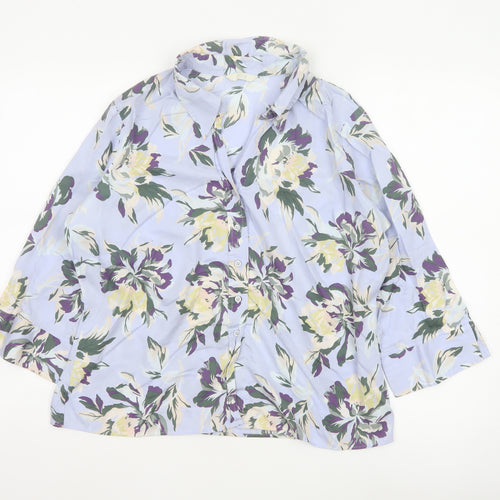 Marks and Spencer Women's Floral Blouse Blue Multi UK 18 Cotton 3/4 Sleeve
