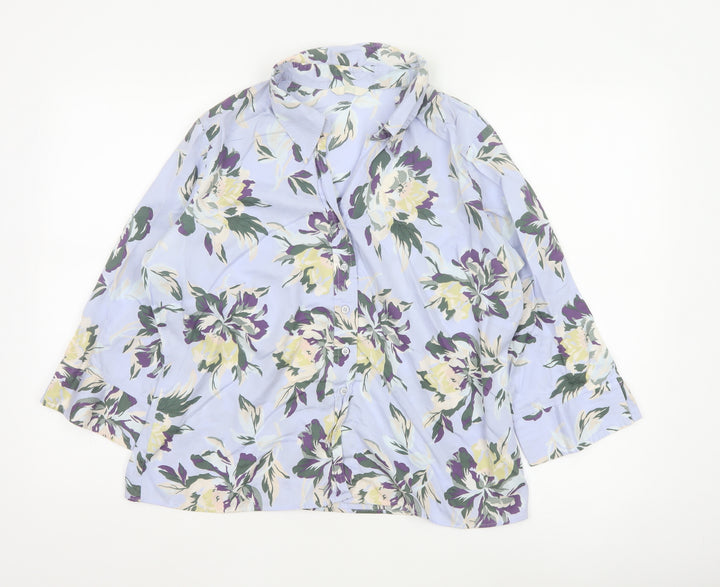 Marks and Spencer Women's Floral Blouse Blue Multi UK 18 Cotton 3/4 Sleeve