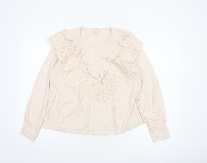 River Island Women’s Beige Lace Ruffle Long Sleeve Tunic Blouse Size 12