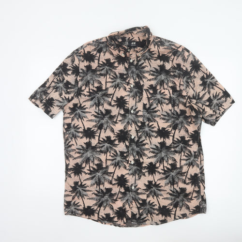 H&M Men's Beige Tropical Palm Print Regular Fit Short Sleeve Cotton Shirt L