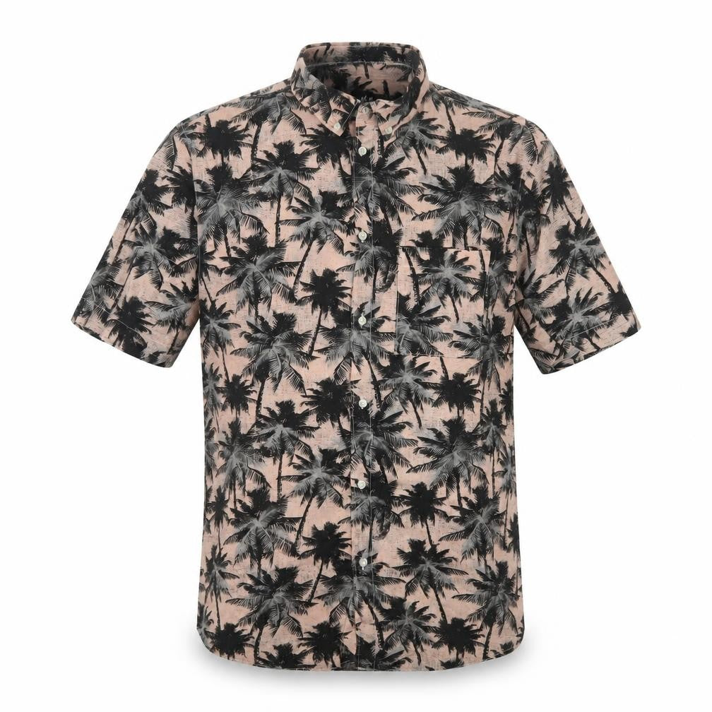 H&M Men's Beige Tropical Palm Print Regular Fit Short Sleeve Cotton Shirt L