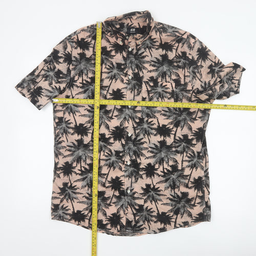 H&M Men's Beige Tropical Palm Print Regular Fit Short Sleeve Cotton Shirt L