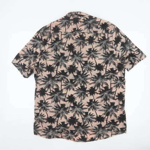 H&M Men's Beige Tropical Palm Print Regular Fit Short Sleeve Cotton Shirt L