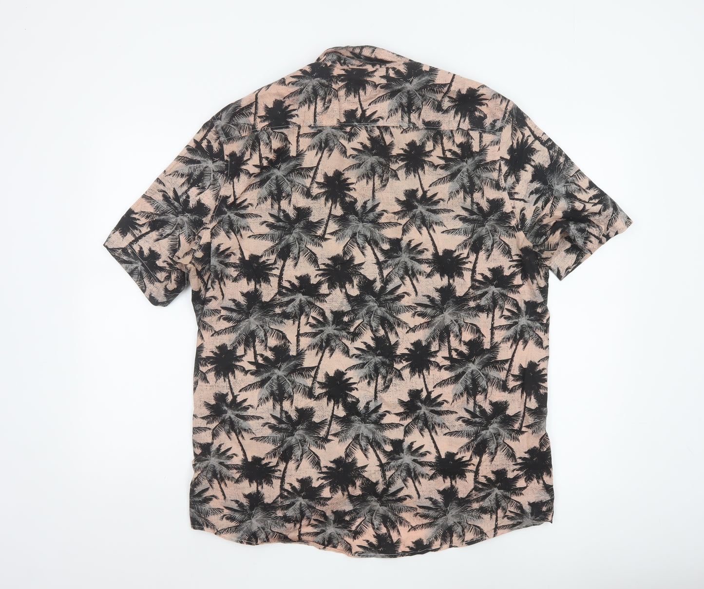 H&M Men's Beige Tropical Palm Print Regular Fit Short Sleeve Cotton Shirt L