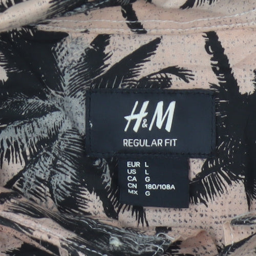 H&M Men's Beige Tropical Palm Print Regular Fit Short Sleeve Cotton Shirt L