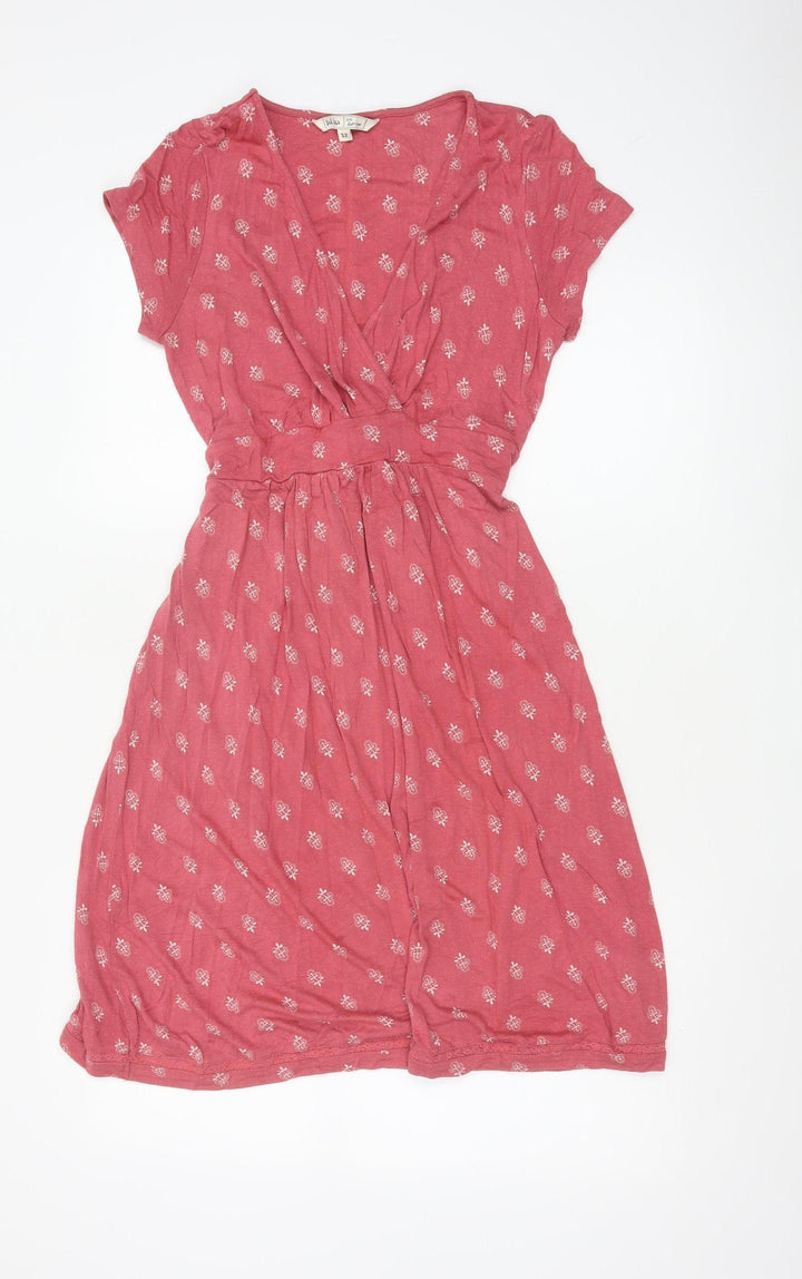 Fat Face Women Pink Floral Wrap Dress Size 12 Viscose Short Sleeve