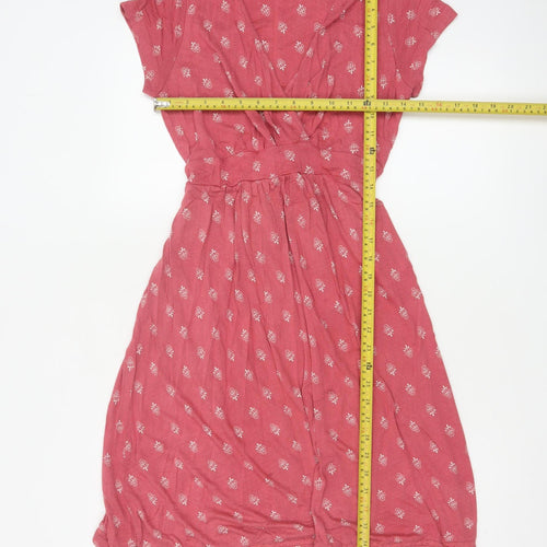 Fat Face Women Pink Floral Wrap Dress Size 12 Viscose Short Sleeve