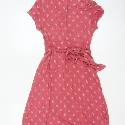 Fat Face Women Pink Floral Wrap Dress Size 12 Viscose Short Sleeve