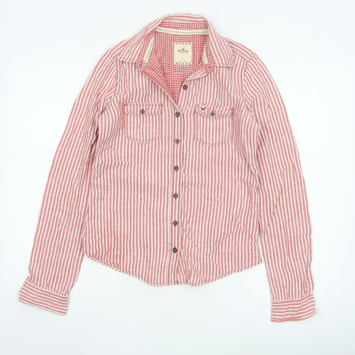Hollister Women Red Striped Button-Up Shirt Small Cotton Casual