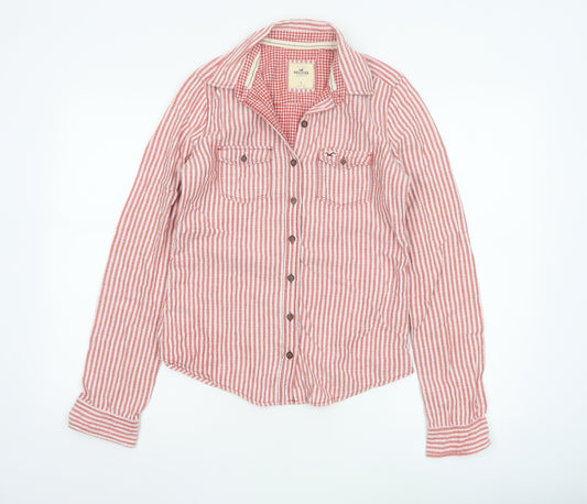 Hollister Women Red Striped Button-Up Shirt Small Cotton Casual