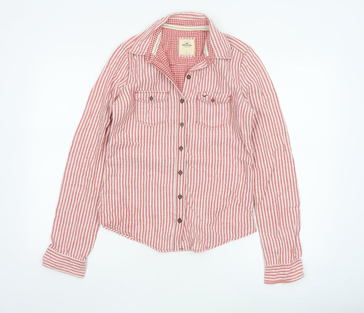 Hollister Women Red Striped Button-Up Shirt Small Cotton Casual