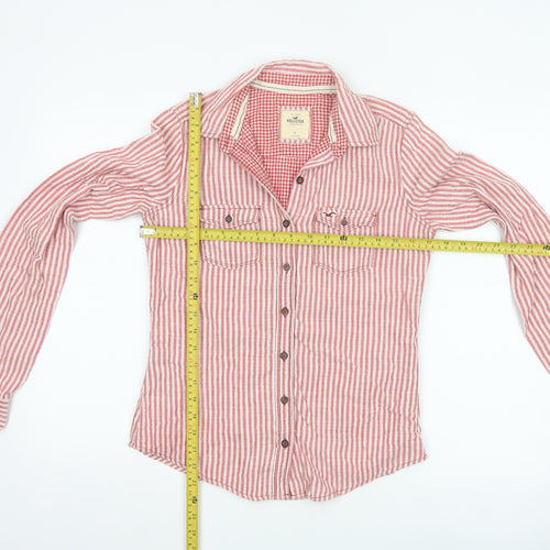 Hollister Women Red Striped Button-Up Shirt Small Cotton Casual