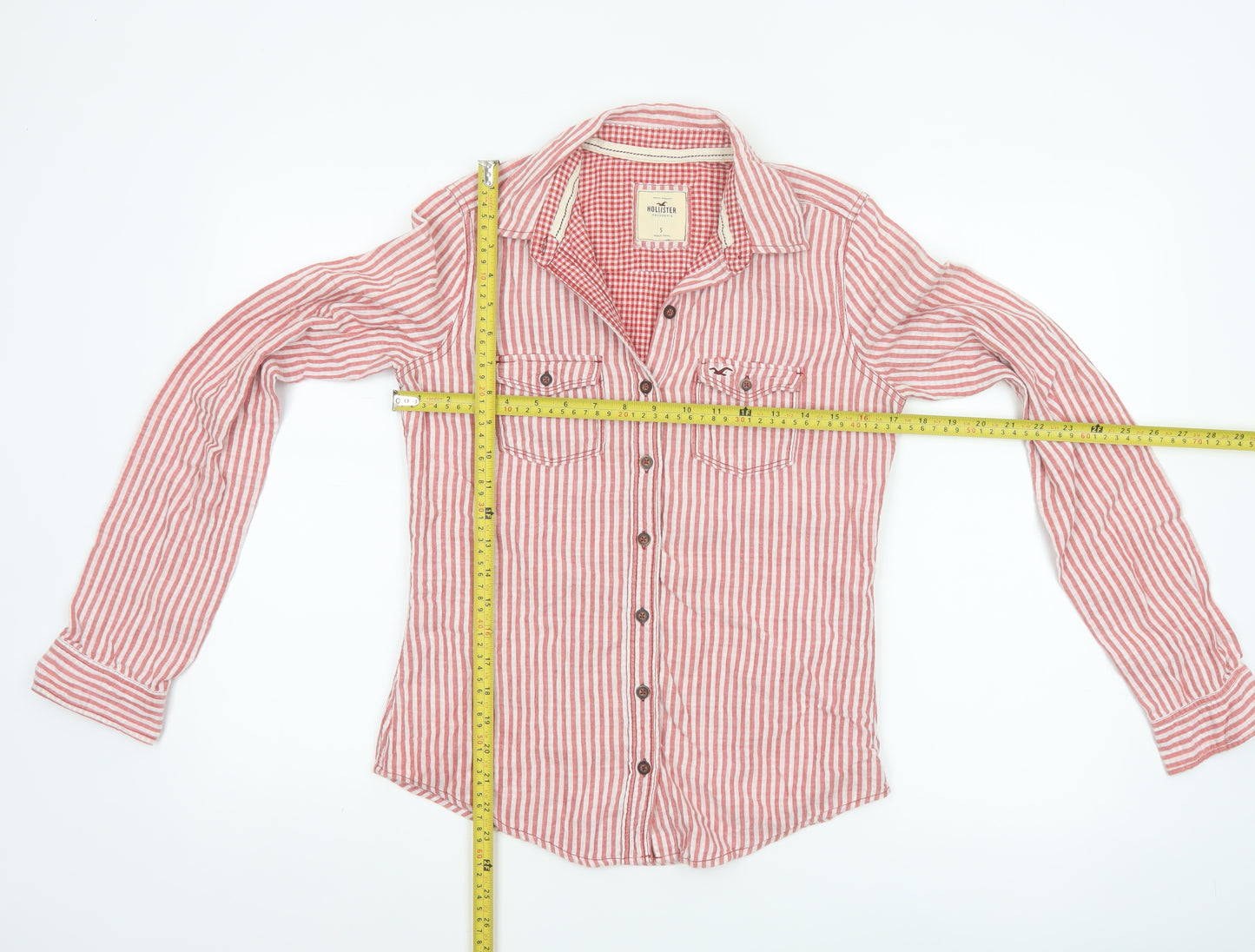 Hollister Women Red Striped Button-Up Shirt Small Cotton Casual