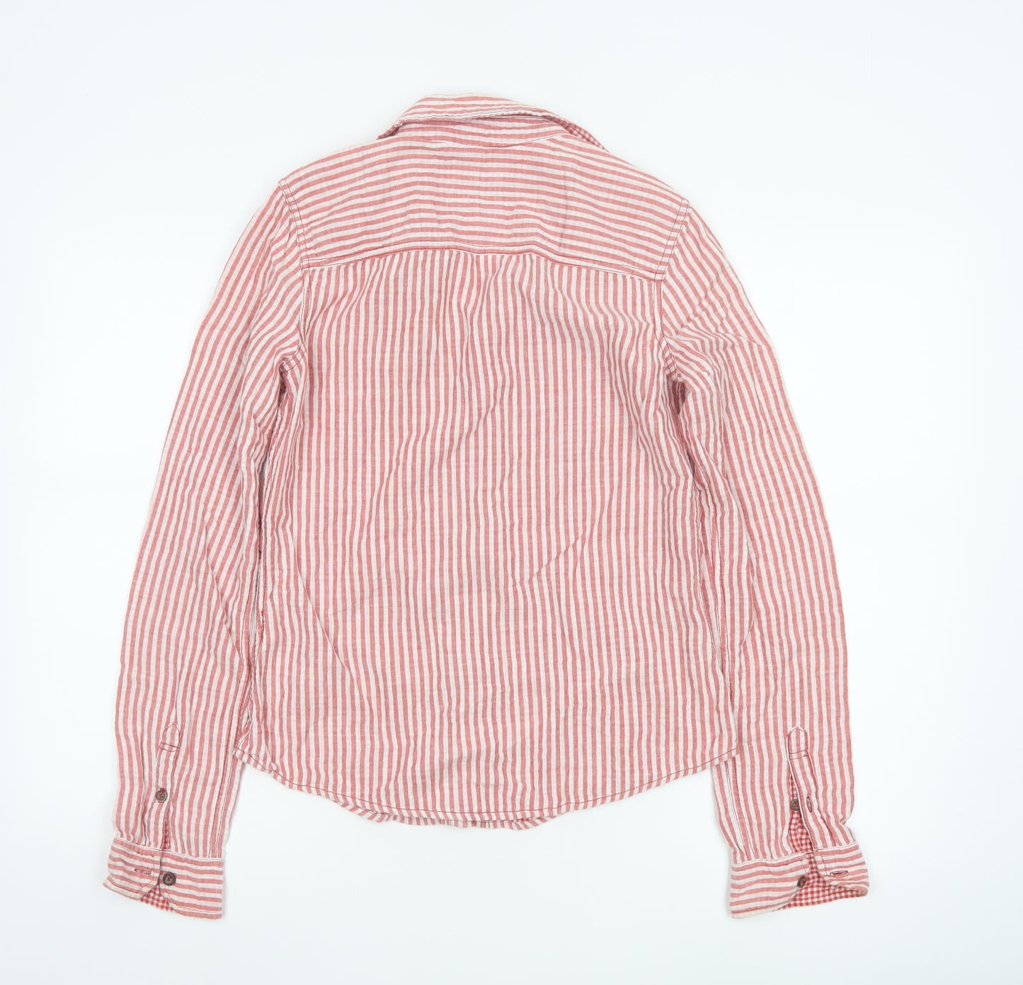 Hollister Women Red Striped Button-Up Shirt Small Cotton Casual