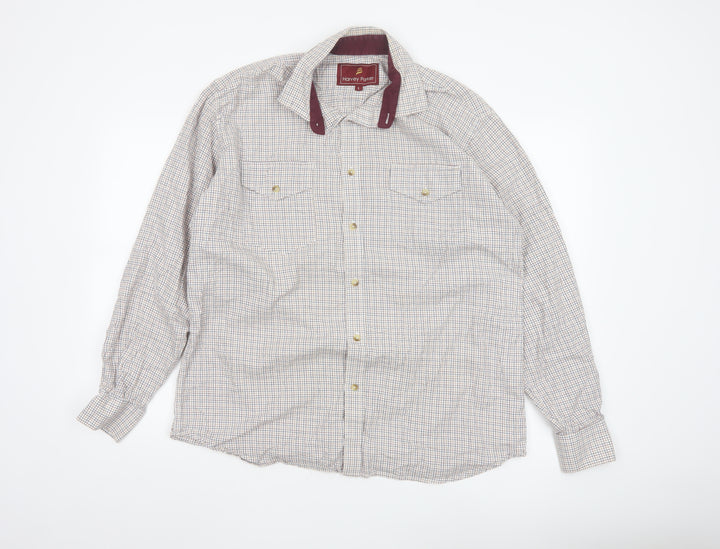 Harvey Parker Men's Beige Check Cotton Button-Up Shirt L