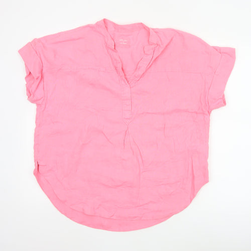 Marks and Spencer Women Pink Linen V-Neck Short Sleeve Blouse Size 14