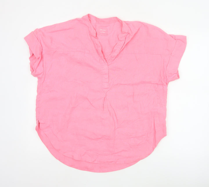 Marks and Spencer Women Pink Linen V-Neck Short Sleeve Blouse Size 14