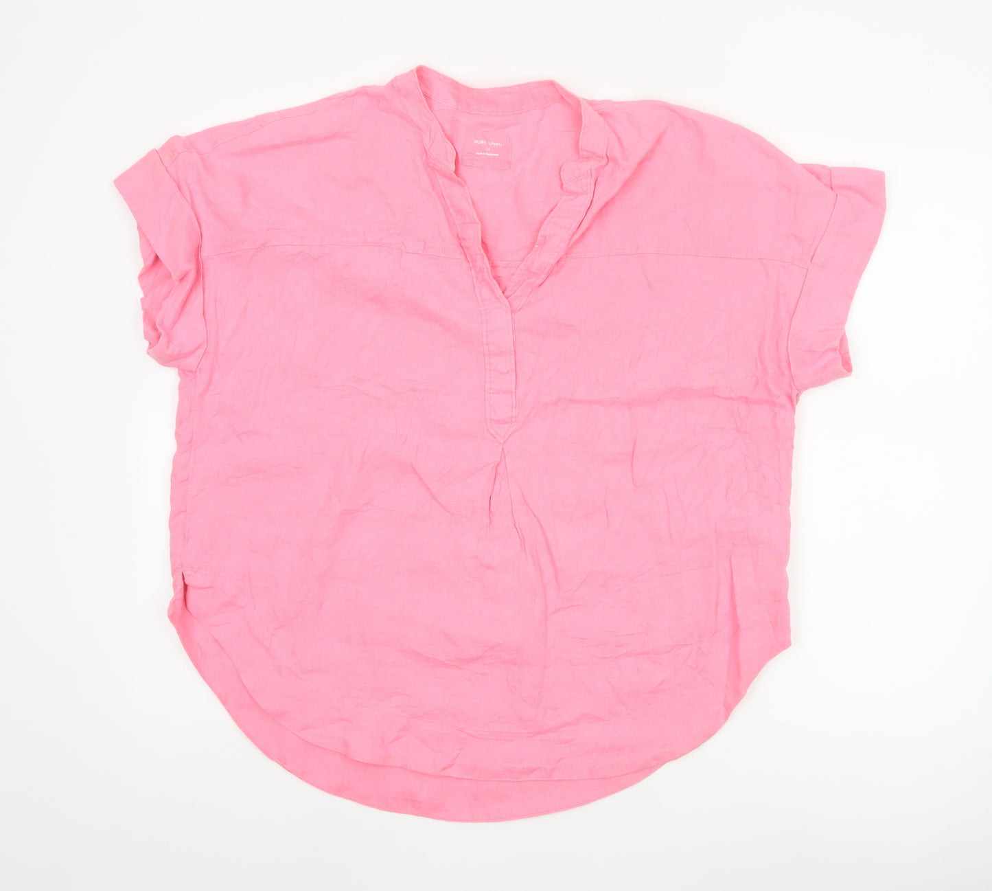 Marks and Spencer Women Pink Linen V-Neck Short Sleeve Blouse Size 14