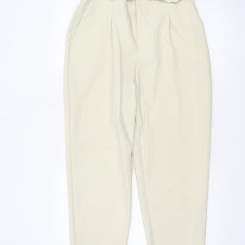Zara Women’s Beige Paperbag Trousers L High Waist Belted Viscose Blend