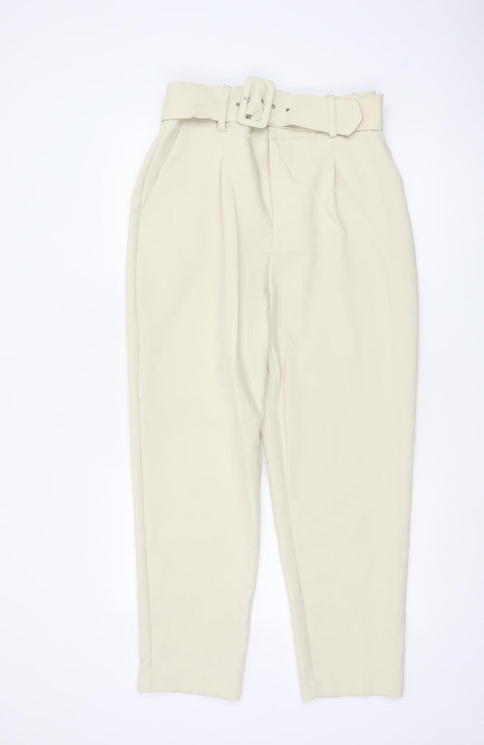 Zara Women’s Beige Paperbag Trousers L High Waist Belted Viscose Blend