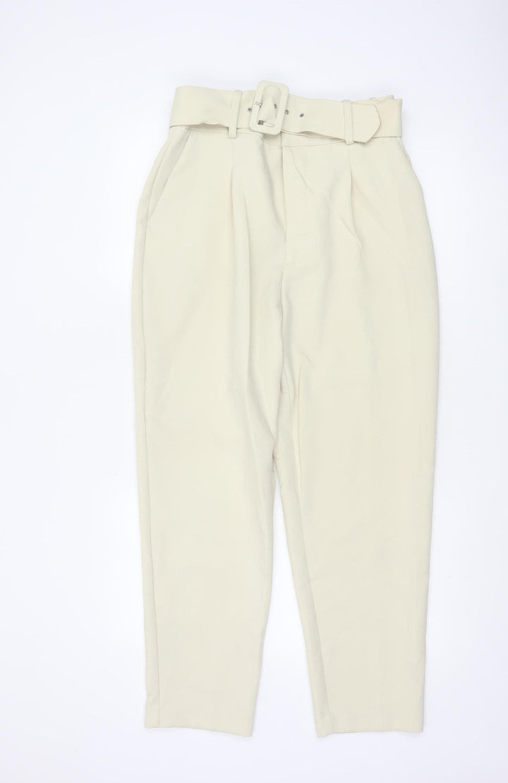 Zara Women’s Beige Paperbag Trousers L High Waist Belted Viscose Blend