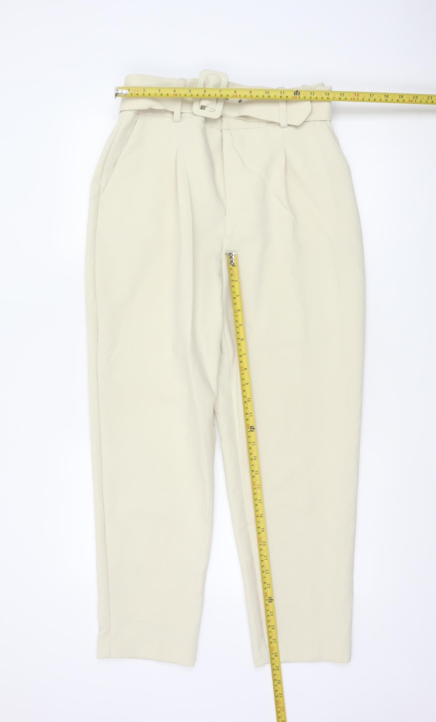 Zara Women’s Beige Paperbag Trousers L High Waist Belted Viscose Blend