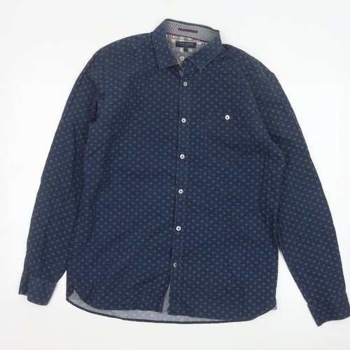 Ted Baker Men's Blue Geometric Long Sleeve Slim Fit Cotton Shirt L